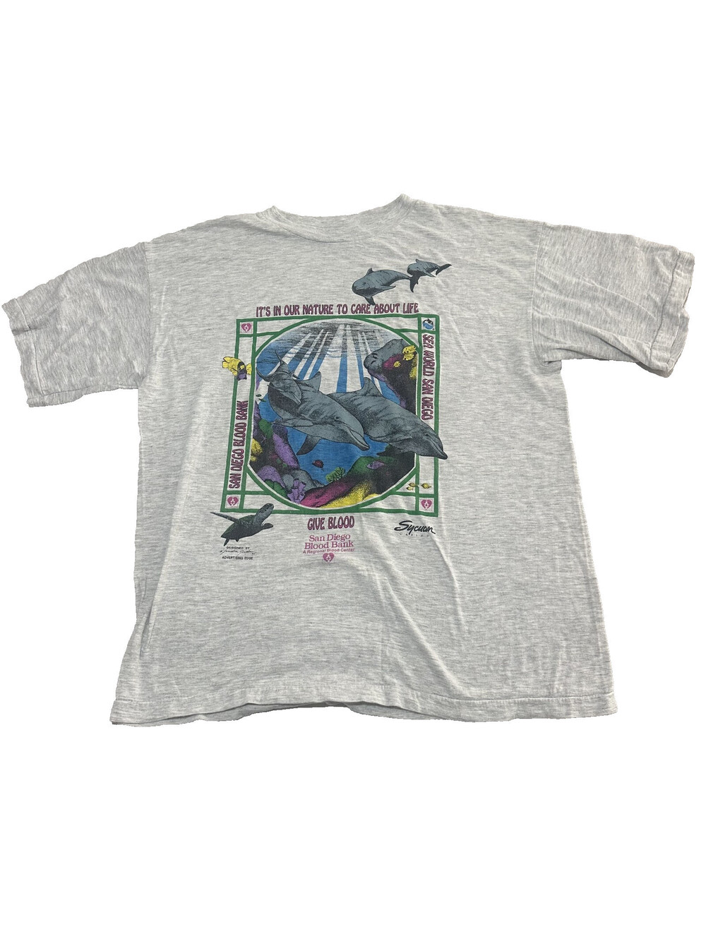 VTG San Diego Blood Bank XL T Shirt Gray Seaworld Dolphin Zoo Turtles Nature